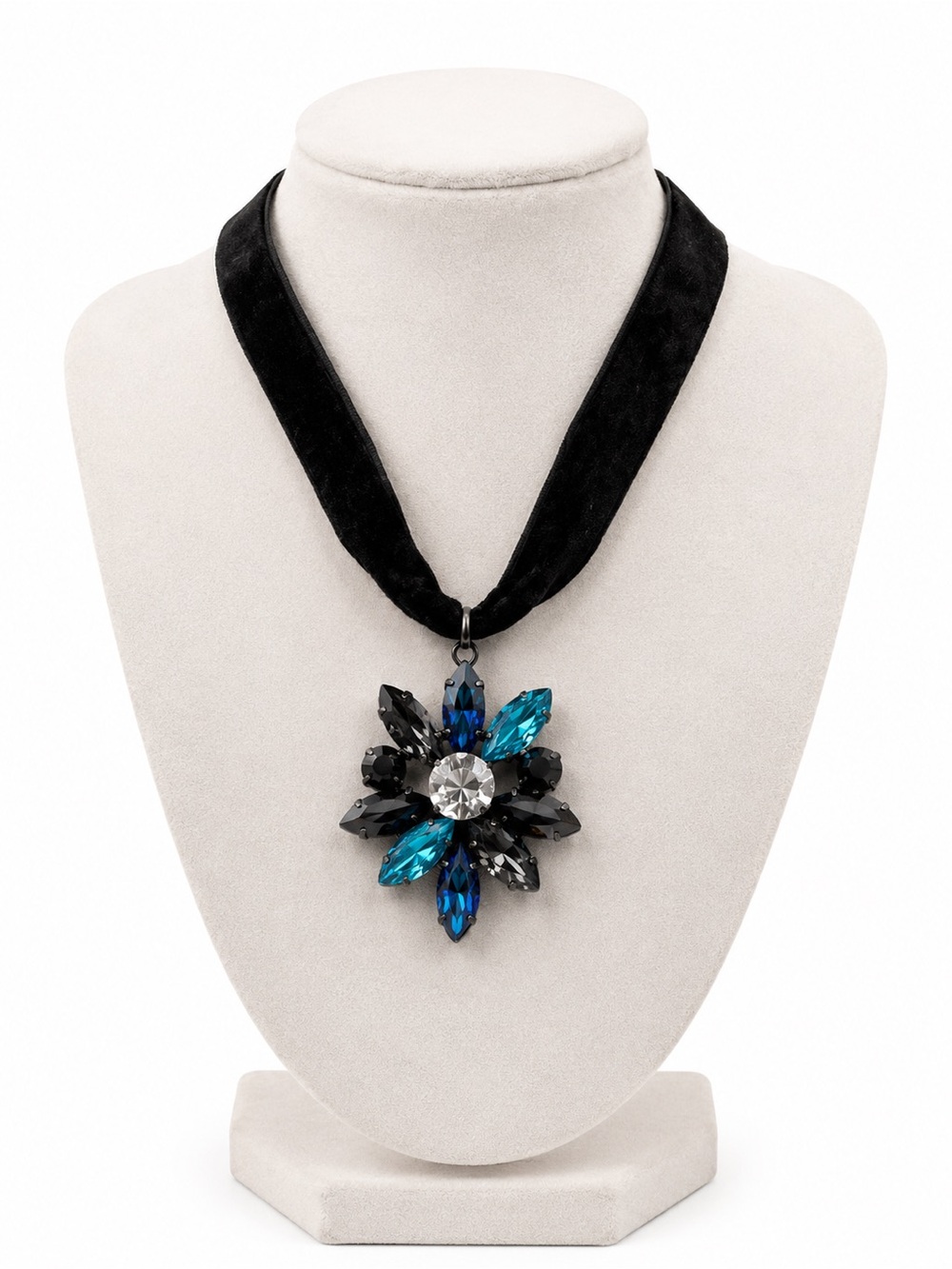 Black Velvet Choker Necklace with Blue & Black Crystal Flower Pendant